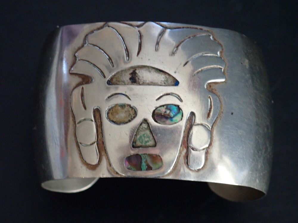 Mexican Silver Abalone Inlay Ethnic Face Cuff Bracelet 2.”5 Hencho en Mexico